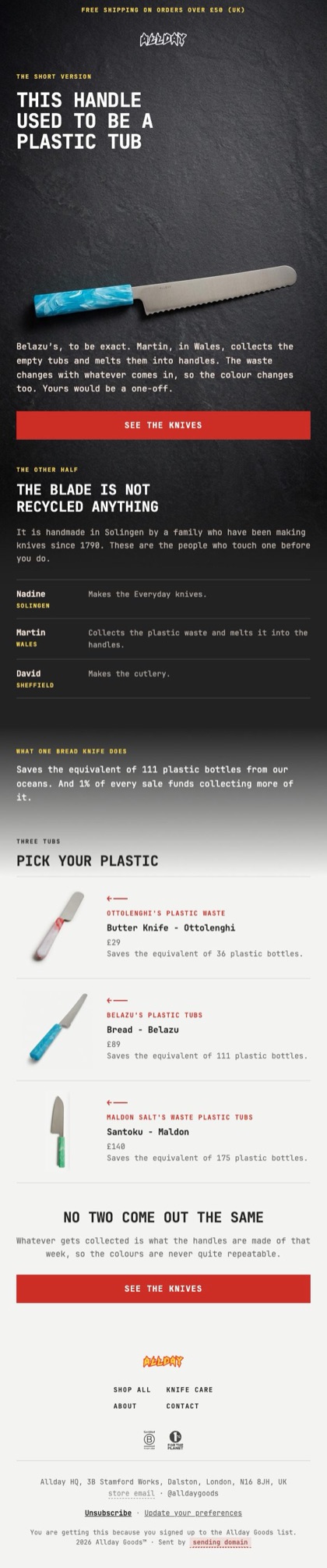 It used to be a plastic tub email for Allday Goods, in full