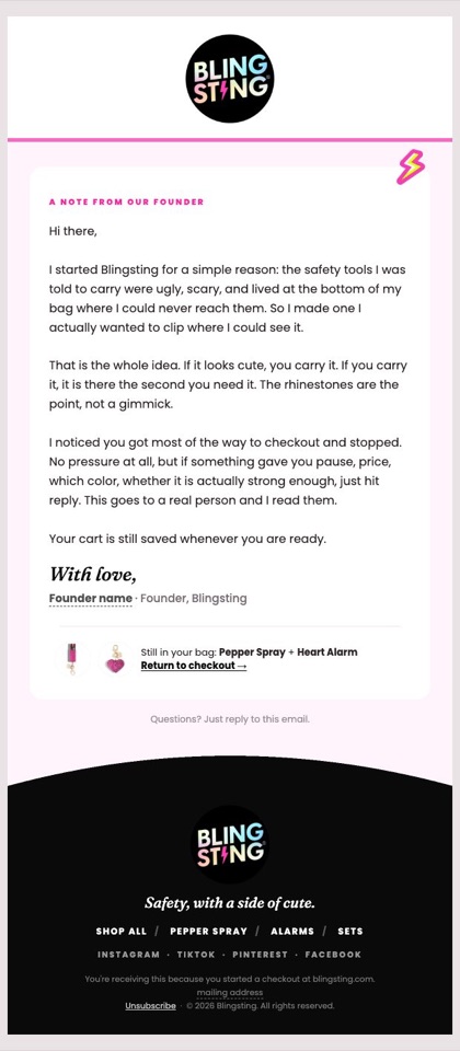 Founder email for Blingsting, in full