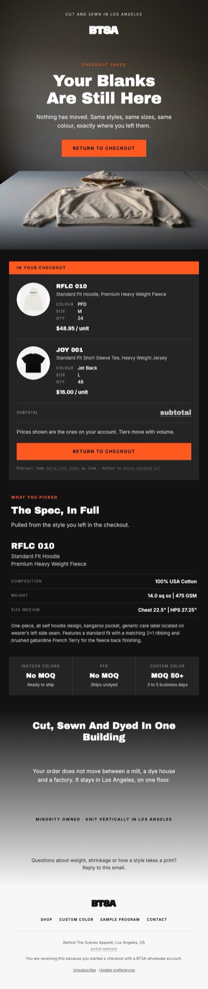 Your checkout is saved email for BTSA, in full