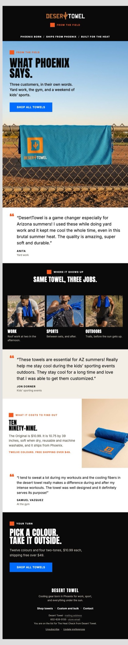 W1 · Field social proof email for Desert Towel, in full