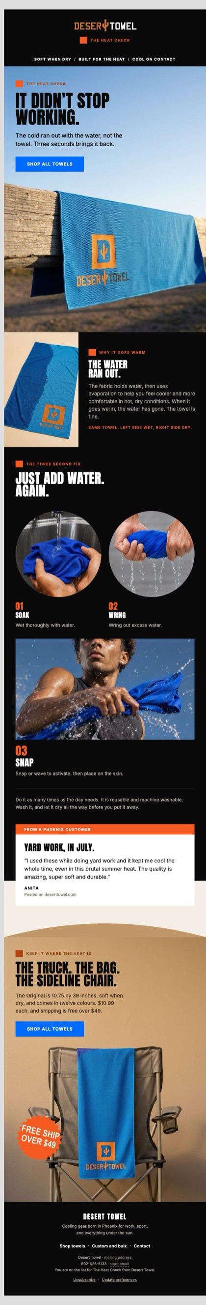 W1 · Heat check rewetting email for Desert Towel, in full