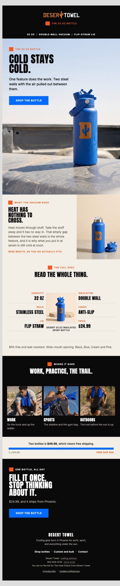 W1 · Product 32oz bottle email for Desert Towel, in full