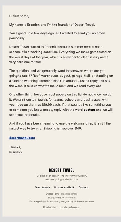 W5 · Plain note email for Desert Towel, in full