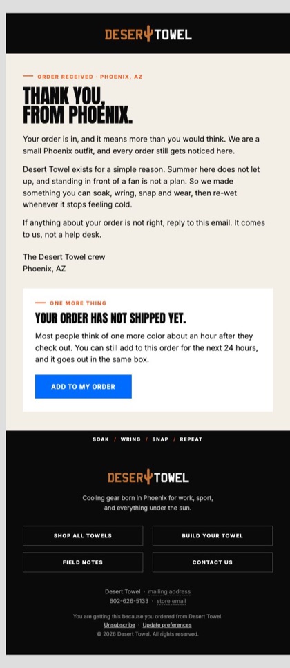E1 · Founder thank you email for Desert Towel, in full
