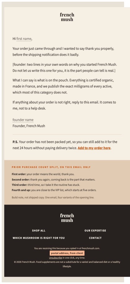 Second order e1 email for French Mush, in full