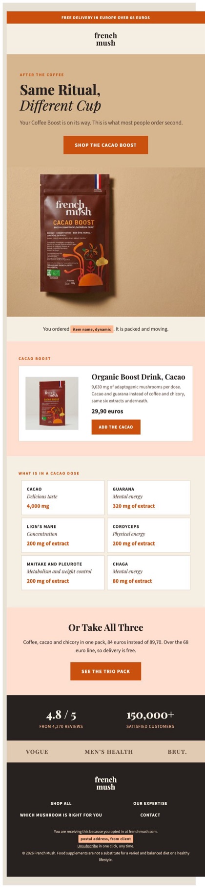 Second order e2 email for French Mush, in full