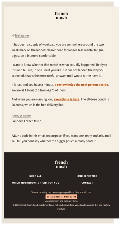 Second order e4 email for French Mush, in full