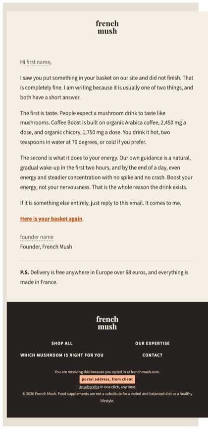 Abandoned cart e2 email for French Mush, in full