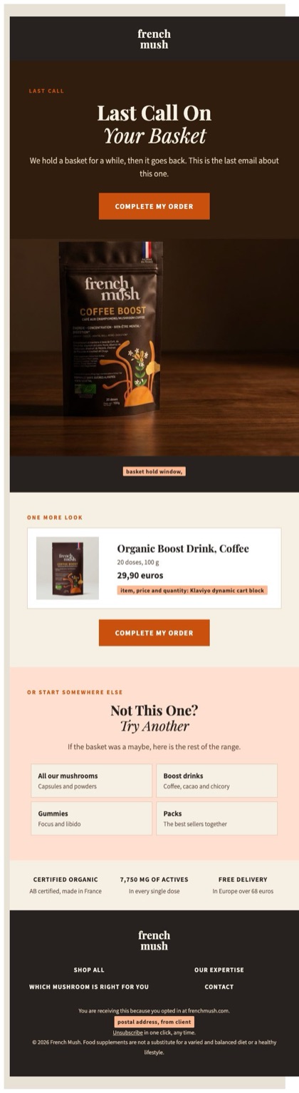 Abandoned cart e5 email for French Mush, in full