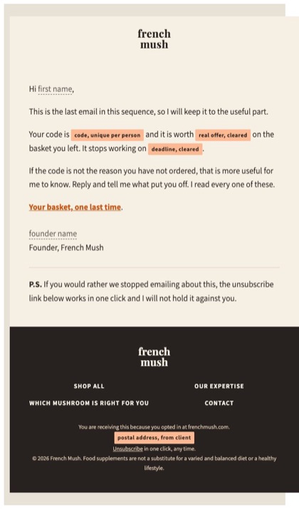 Abandoned cart e8 email for French Mush, in full