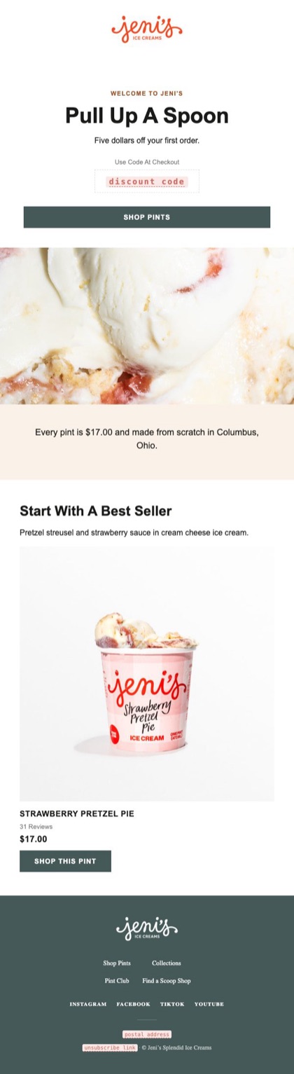 Welcome email for Jeni's, in full