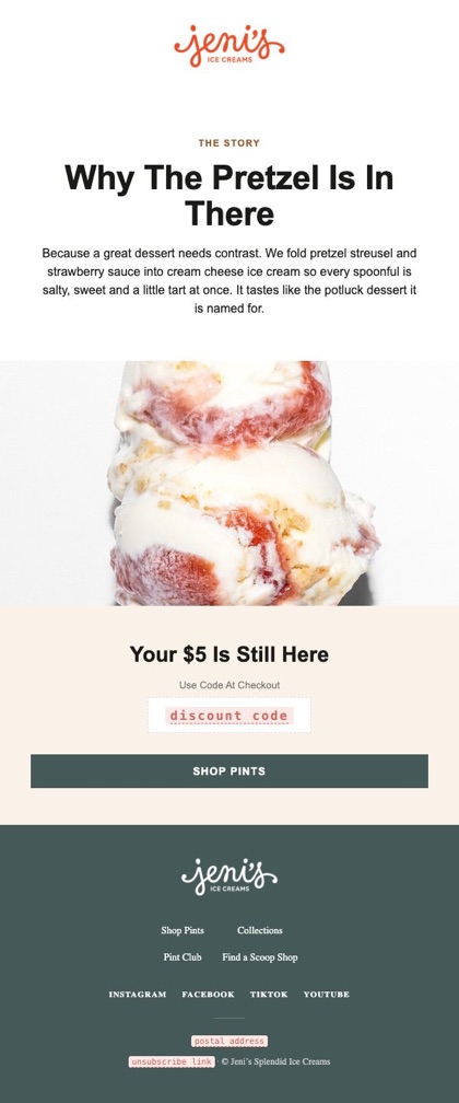 The story email for Jeni's, in full