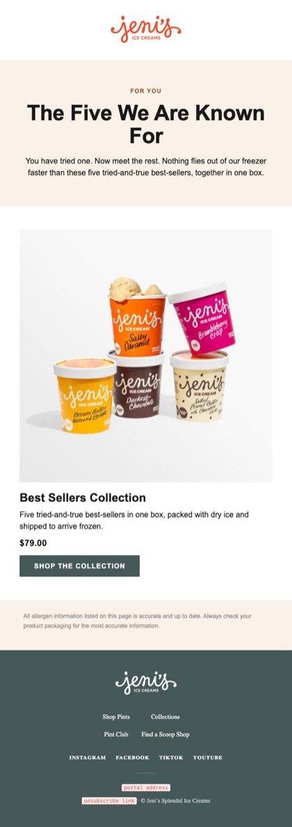 The five we are known for email for Jeni's, in full