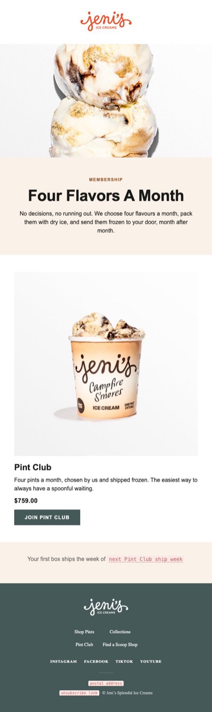 Four flavors a month email for Jeni's, in full