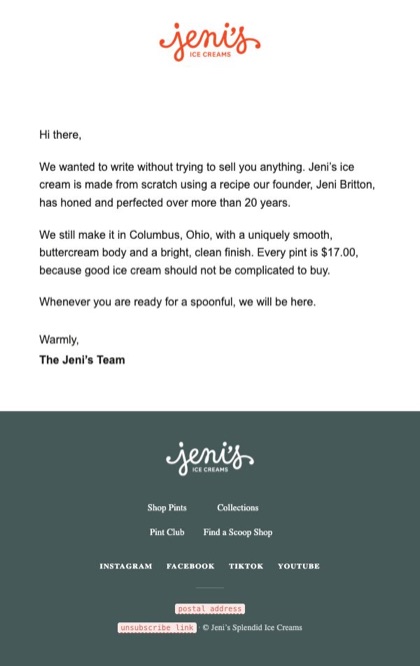 A note email for Jeni's, in full