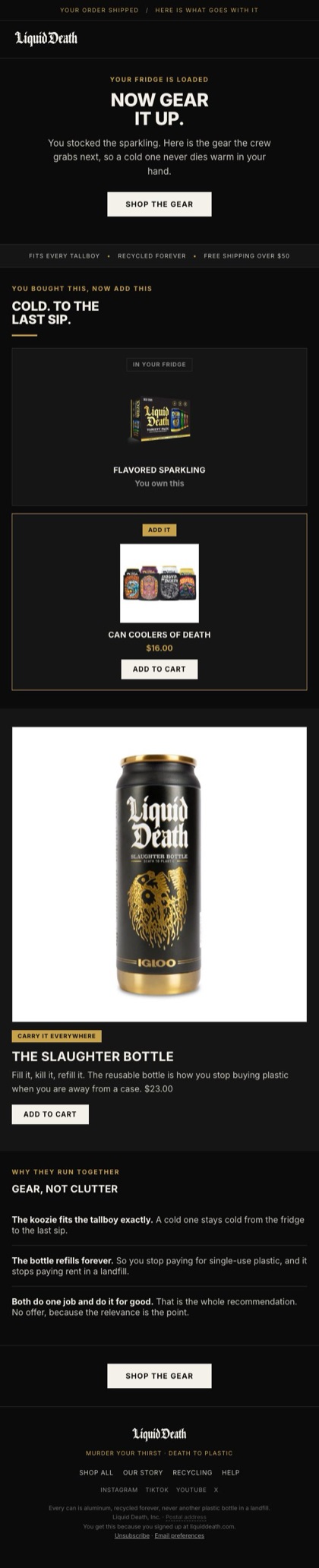 Cross sell the pairing email for Liquid Death, in full