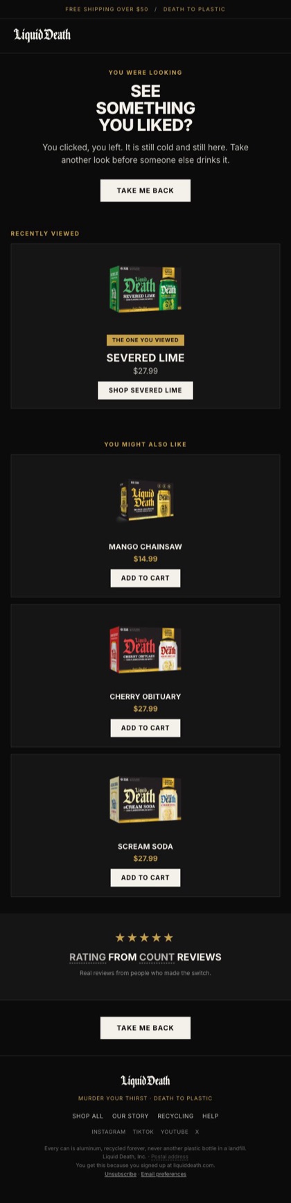 Browse recall and remind email for Liquid Death, in full