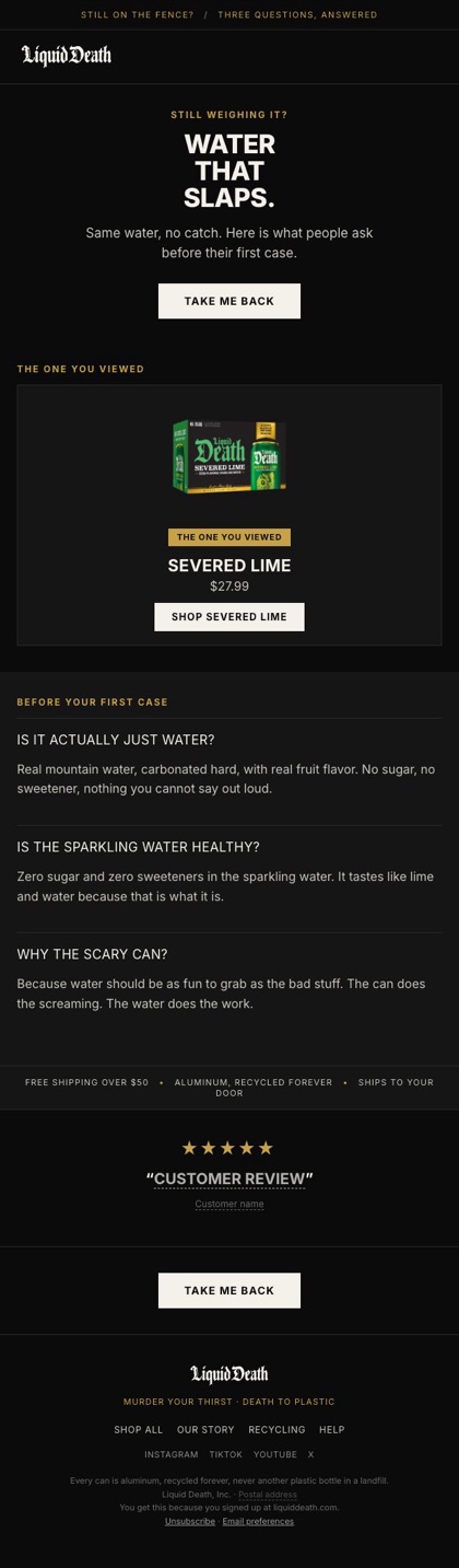 Browse reassure and prove email for Liquid Death, in full