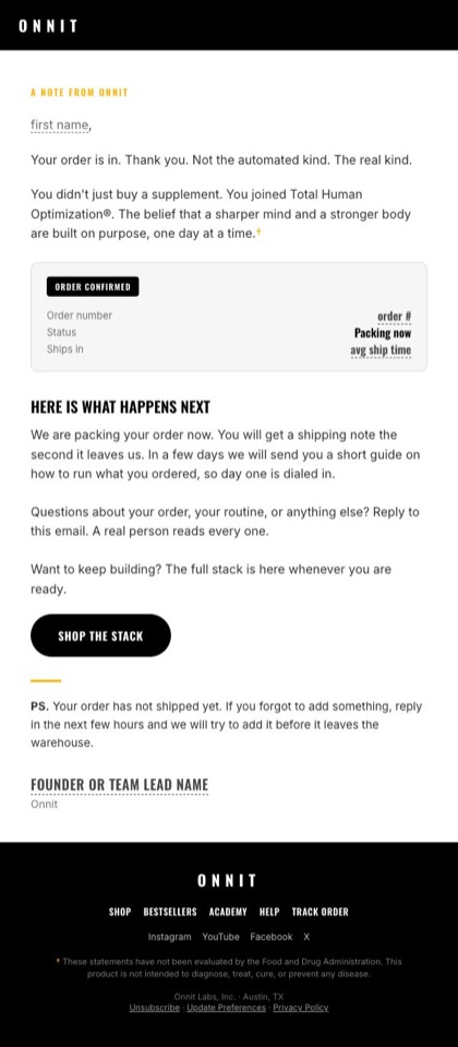 E1 · Founder thank you email for Onnit, in full