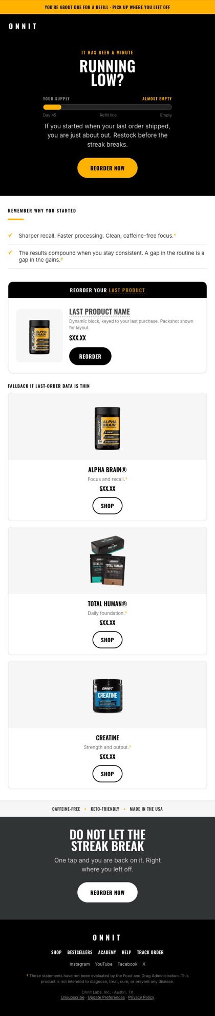 E1 · Running low email for Onnit, in full
