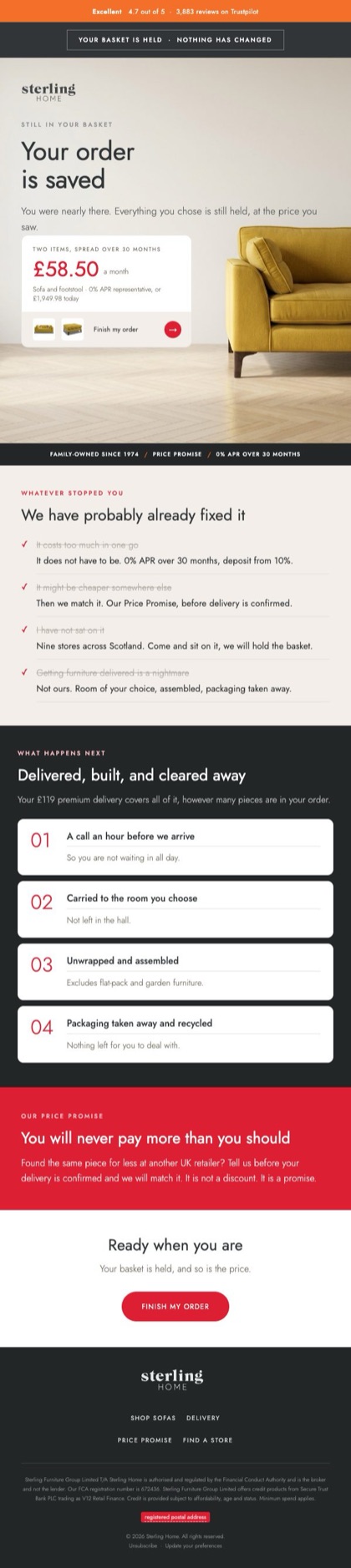 Your order is saved email for Sterling Home, in full