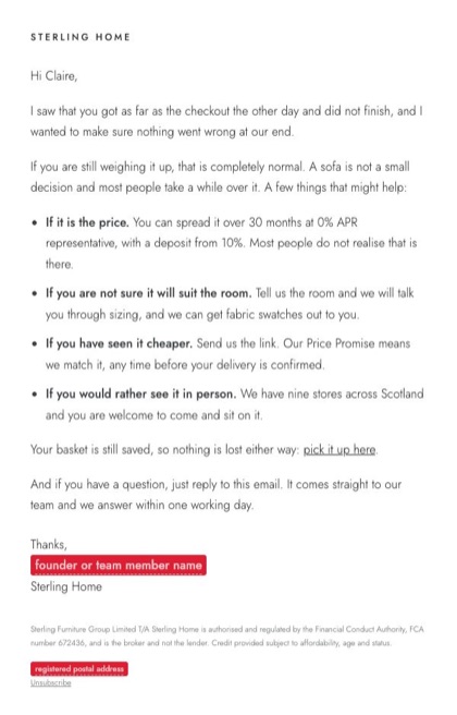A note from the team email for Sterling Home, in full