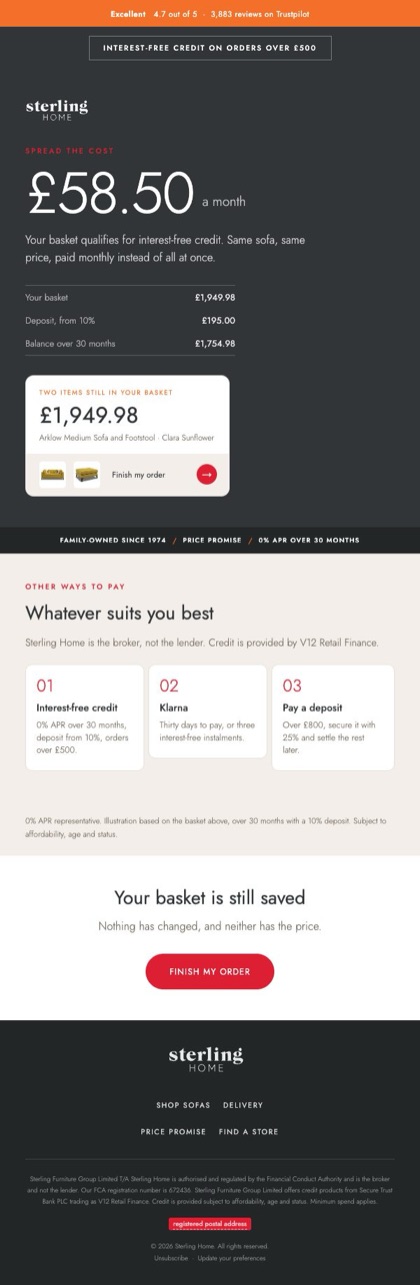 Spread the cost email for Sterling Home, in full
