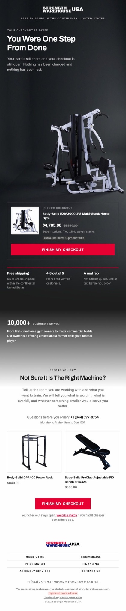 Your checkout is still open email for Strength Warehouse USA, in full