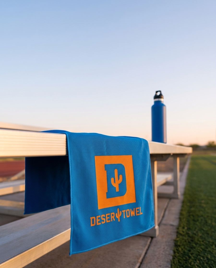 A Desert Towel cooling towel and an insulated bottle on a bleacher beside a field at sunrise