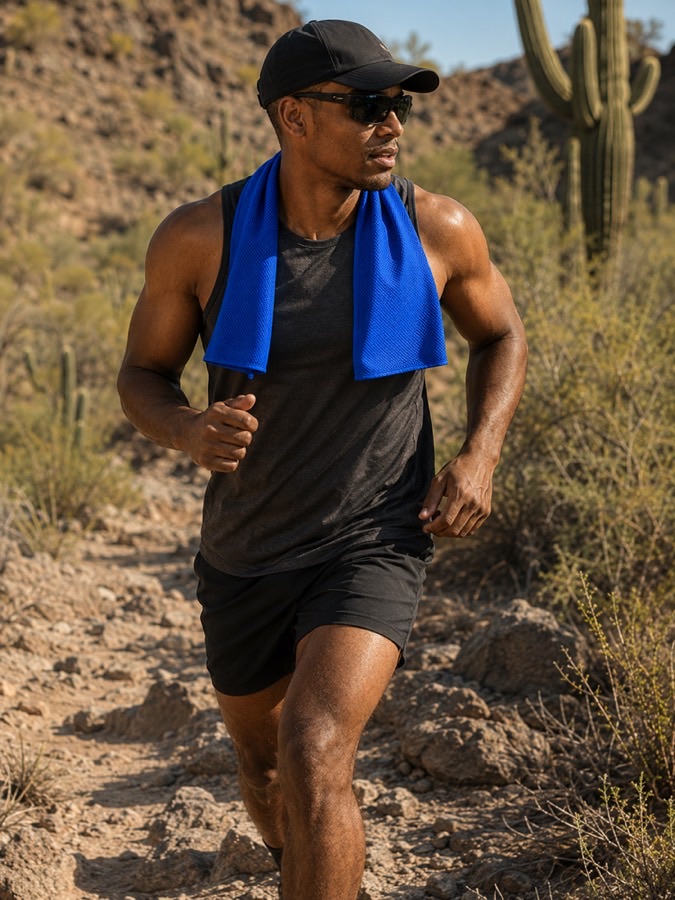 A runner on a desert trail with a cooling towel