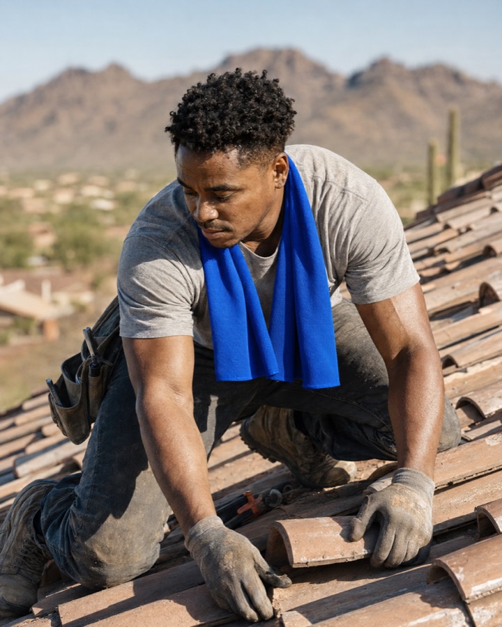 A roofer working in the Phoenix heat with a cooling towel