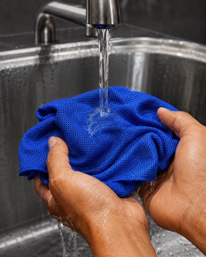 A blue cooling towel held under running water