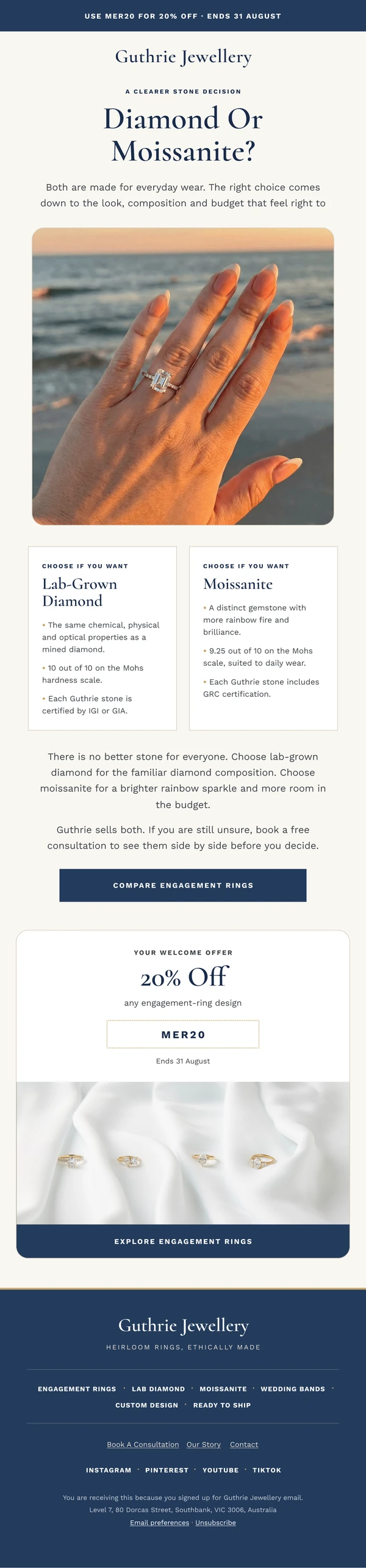 Guthrie Jewellery: Diamond or Moissanite? email design preview