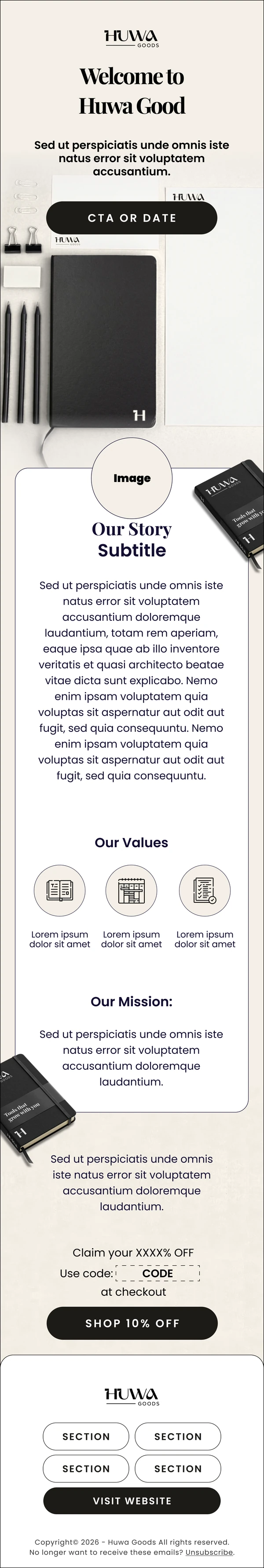 Huwa Goods: Waitlist Welcome email design preview