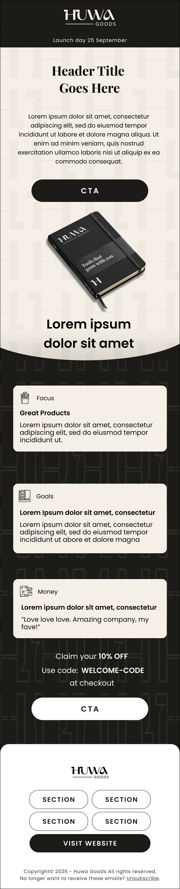 Huwa Goods: Waitlist Nurture 3 email design preview