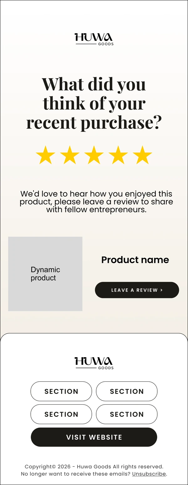 Huwa Goods: Post Purchase Review Request email design preview